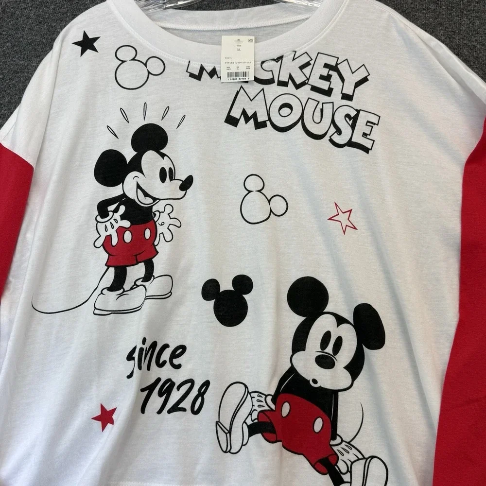 Disney Womens Mickey Mouse Pajama Tee Shirt Top Long Sleeve Red White Large NWT - Picture 2 of 12